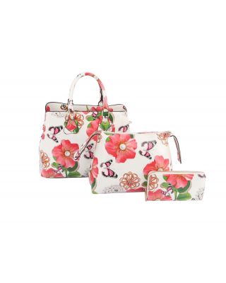 LY096-1W BG 3IN1 FLORAL PRINT TEXTURE  BAG WITH WALLET SET