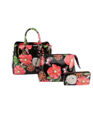 LY096-1W BK 3IN1 FLORAL PRINT TEXTURE  BAG WITH WALLET SET