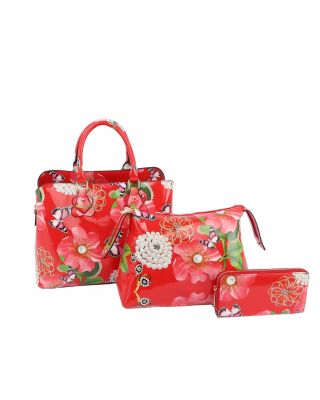 LY096-1W RD 3IN1 FLORAL PRINT TEXTURE  BAG WITH WALLET SET