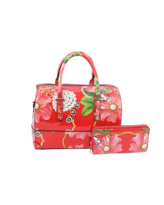 LY097-1W RD 2IN1 FLORAL PRINT DUFFEL BAG WITH WALLET SET
