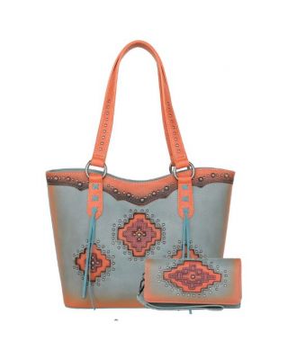 MW1220G-8317W TQ Montana West Cut-out Aztec Collection Concealed Carry Tote with Matching Wallet