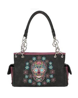 MW1121G-8085 BK  Montana West Sugar Skull Collection Concealed Carry Satchel