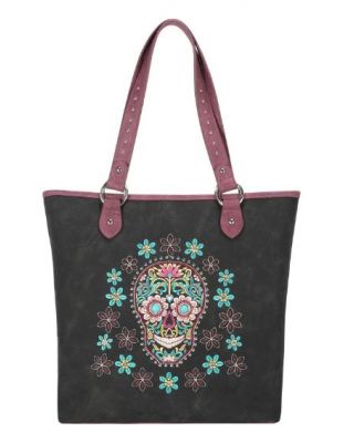MW1121G-8317 BK Montana West Sugar Skull Collection Concealed Carry Tote
