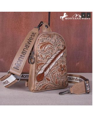 MW1133 210 KH  Montana West Embroidered Feather Cut-Out Floral Sling Bag