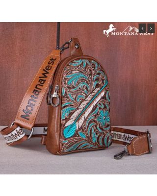MW1133 210 BR  Montana West Embroidered Feather Cut-Out Floral Sling Bag