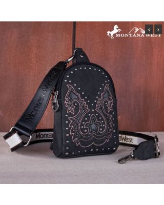 MW1137-210 BK Montana West Embroidered Cut-out Boot Scroll Sling Bag