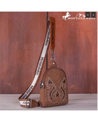 MW1137-210 BR Montana West Embroidered Cut-out Boot Scroll Sling Bag