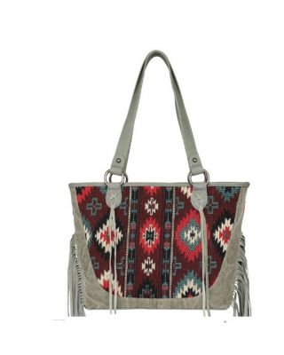 MW1174G-8317 GN Montana West Aztec Tapestry Fringe Concealed Carry Tote