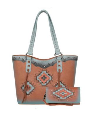 MW1220G-8317W BR Montana West Cut-out Aztec Collection Concealed Carry Tote with Matching Wallet