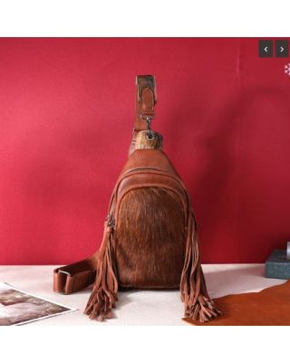 MW1239-S9110 BR Montana West Genuine Hair-On Cowhide Fringe Sling Bag