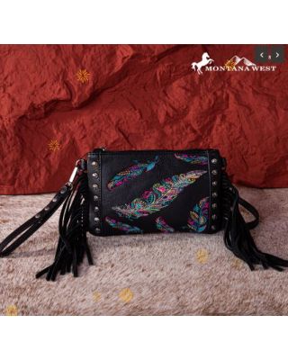 MW1242-181 BK Montana West Embroidered Feather Collection Clutch/Crossbody