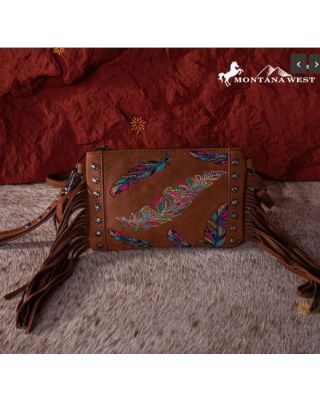 MW1242-181 BR Montana West Embroidered Feather Collection Clutch/Crossbody
