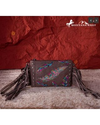 MW1242-181 CF Montana West Embroidered Feather Collection Clutch/Crossbody