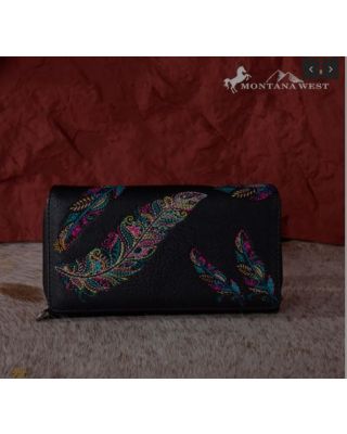 MW1242-W010 BK Montana West Feather Embroidered Collection Wallet