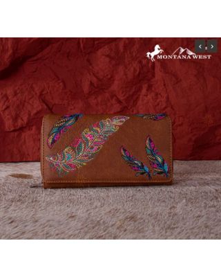 MW1242-W010 BR Montana West Feather Embroidered Collection Wallet