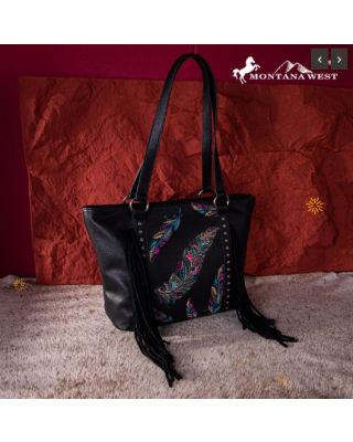 MW1242G-8317 BK Montana West Embroidered Feather Collection Concealed Carry Tote
