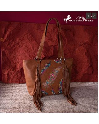 MW1242G-8317 BR Montana West Embroidered Feather Collection Concealed Carry Tote