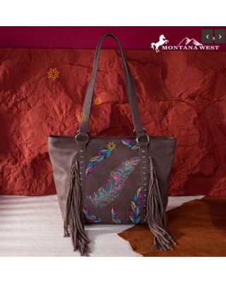 MW1242G-8317 CF Montana West Embroidered Feather Collection Concealed Carry Tote