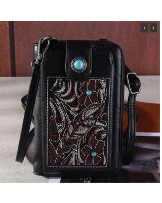 MW1244-183 BK Montana West Embroidered Floral Cut-out Collection Phone Wallet/Crossbody