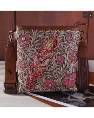 MW1244G-9360 BR Montana West Embroidered Floral Cut-out Collection Concealed Carry Crossbod