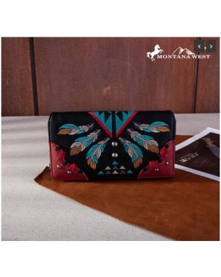 MW1246-W010 BK  Montana West Embroidered Arrow Feather Collection Wallet
