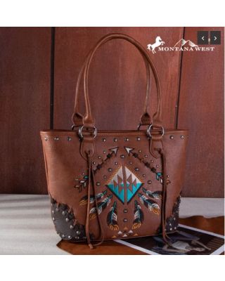 MW1246G-8317 BR Montana West Embroidered Arrow Feather Collection Concealed Carry Tote
