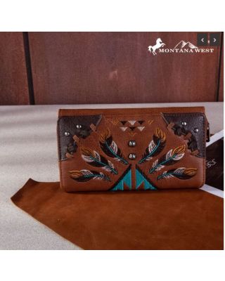 MW1246-W010 BR  Montana West Embroidered Arrow Feather Collection Wallet