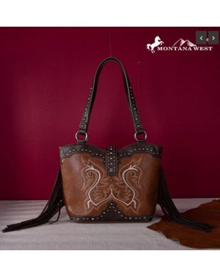 MW1247G-8317 BR Montana West Embroidered Fringe Collection Concealed Carry Boot Purse Tote