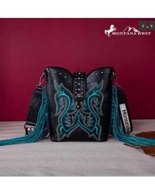 MW1247-9360 BK Montana West Embroidered Fringe Collection Boot Purse Crossbody