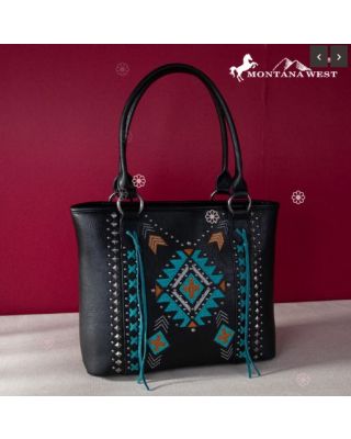 MW1248G-8317 BK Montana West Embroidered Aztec Collection Concealed Carry Tote