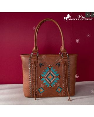 MW1248G-8317 BR Montana West Embroidered Aztec Collection Concealed Carry Tote