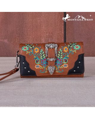 MW1252-W018 BR Montana West Embroidered Buckle Collection Wallet