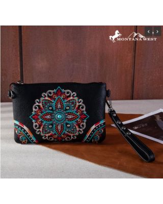 MW1258-181 BK  Montana West Embroidered Tribal Mandala Collection Clutch/Crossbody