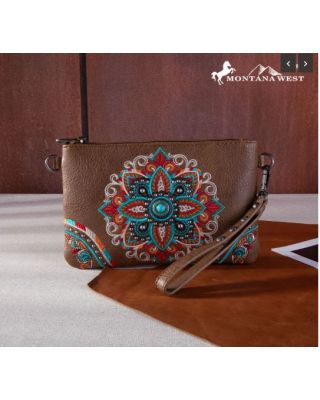MW1258-181 BR  Montana West Embroidered Tribal Mandala Collection Clutch/Crossbody