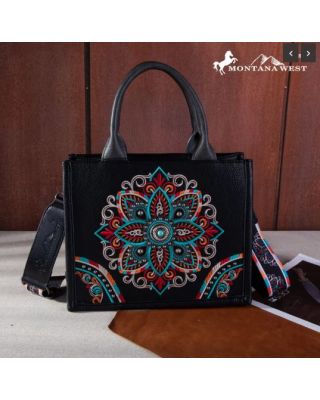 MW1258-8120S BK Montana West Embroidered Tribal Mandala Concealed Carry Tote/Crossbody