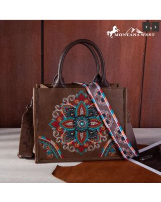 MW1258-8120S BR Montana West Embroidered Tribal Mandala Concealed Carry Tote/Crossbody