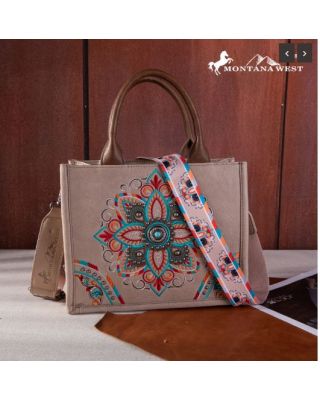 MW1258-8120S KH Montana West Embroidered Tribal Mandala Concealed Carry Tote/Crossbody