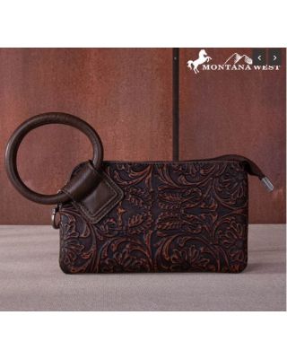 MW1260-B181 CF  Montana West Floral Tooled Ring Handle Wristlet Clutch Bag