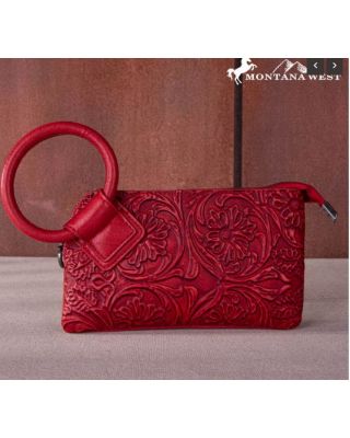MW1260-B181 RD  Montana West Floral Tooled Ring Handle Wristlet Clutch Bag
