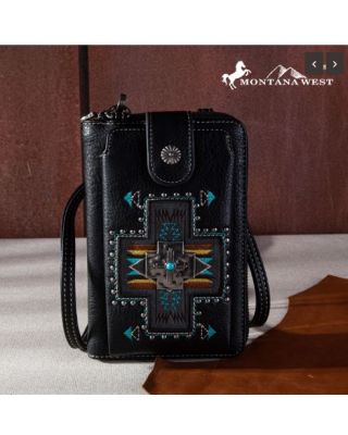 MW1261-813 BK Montana West Embroidered Arrows Feathers Collection Phone Wallet/Crossbody