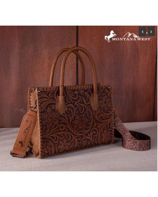 MW1267-8120S BR Montana West Embossed Floral Tote/Crossbody