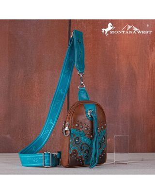MW1296-210 BR  Montana West Embroidered Scroll Cut-out Collection Sling Bag