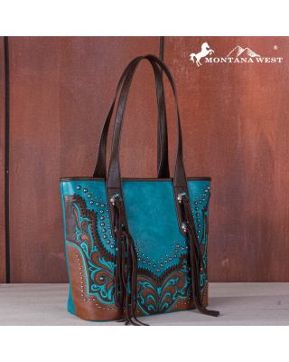 MW1269G-8317 TQ  Montana West Embroidered scroll Cut-out Collection Concealed Carry Tote