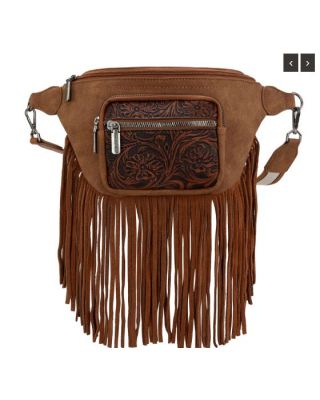 MW1276-194 BR Montana West Floral Tooled Fringe Fanny Pack 