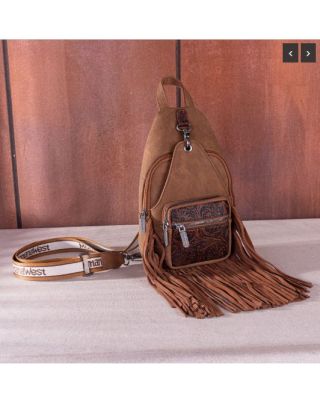 MW1276-S9110 BR Montana West Tooled Fringe Sling Bag