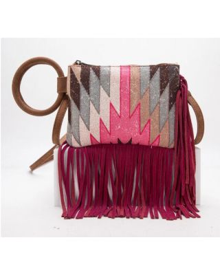 MW1290-181 HPK Montana West Aztec Print Fringe Ring Handle Wristlet Clutch Bag