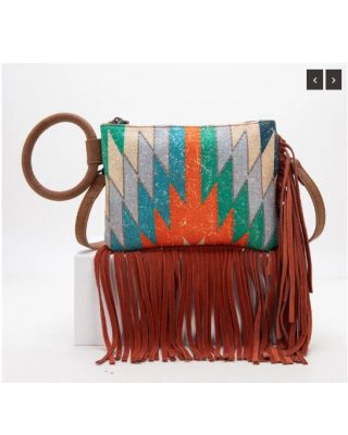 MW1290-181 OR Montana West Aztec Print Fringe Ring Handle Wristlet Clutch Bag
