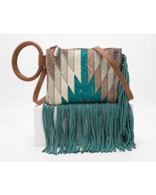 MW1290-181 TQ Montana West Aztec Print Fringe Ring Handle Wristlet Clutch Bag