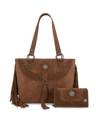 MW1307G-8317W BR Montana West Embroidered Concealed Carry Tote with Wallet Set 