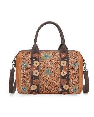 MW1313-9800 BR Montana West Embroidered Barrel Satchel Bag/Crossbody